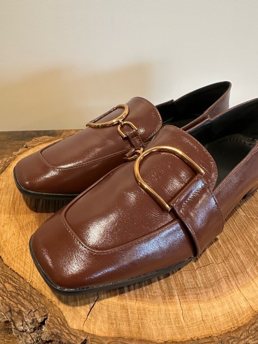 Classic Brown Faux Leather Loafers with Gold Buckle
